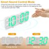 3D LED Digital Wall Clock Sound Control Table Desk Alarm Clock w/ 3 Auto Adjustable Brightness Snooze