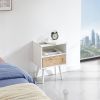 15.75" Rattan End table with drawer and solid wood legs; Modern nightstand; side table for living roon; bedroom; white